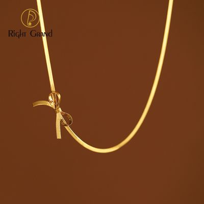 Right Grand Bowknot Pendant Jewelry Set Snake Chain Stainless Steel 18K Gold Plated Herringbone Bow Knot Choker Necklace