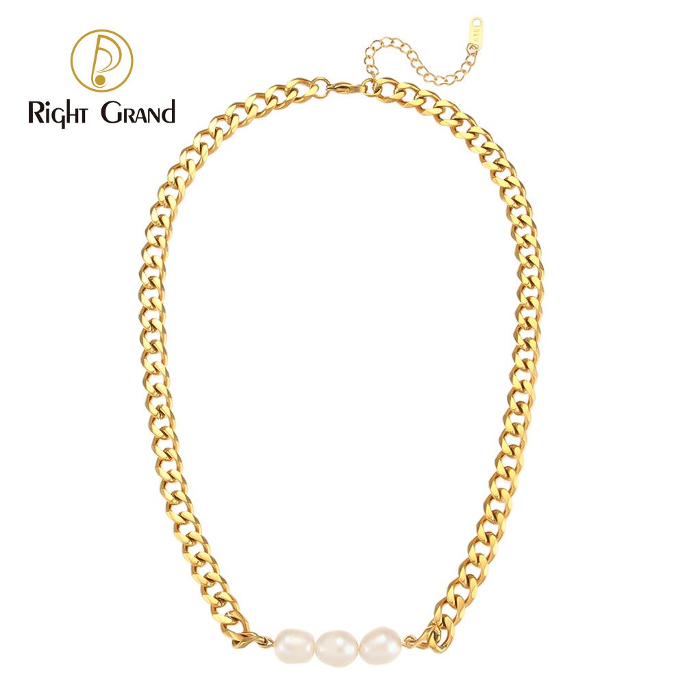 Right Grand New Women 18K Gold Plated Chain Natural Fresh Water Jewelry Stainless Steel Pearl Pendant Necklace