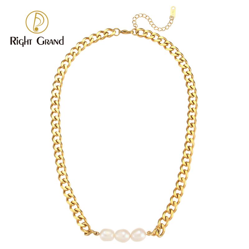Right Grand New Women 18K Gold Plated Chain Natural Fresh Water Jewelry Stainless Steel Pearl Pendant Necklace