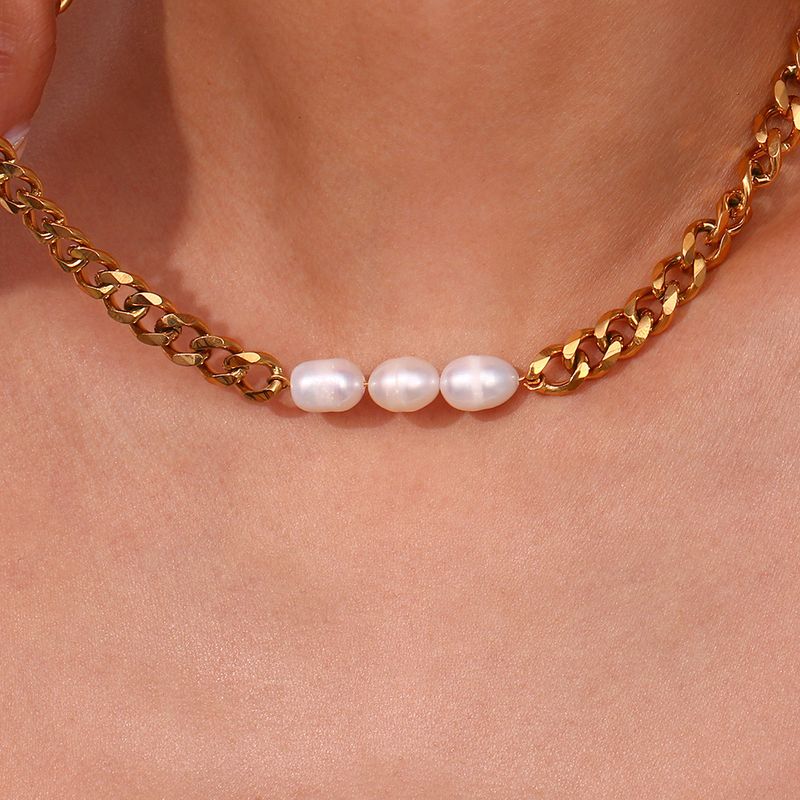 Right Grand New Women 18K Gold Plated Chain Natural Fresh Water Jewelry Stainless Steel Pearl Pendant Necklace