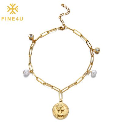 Right Grand Square Chain Tassel Freshwater Pearl Crystal Coin Pendant Fashion Jewelry Stainless Steel Anklets for Women