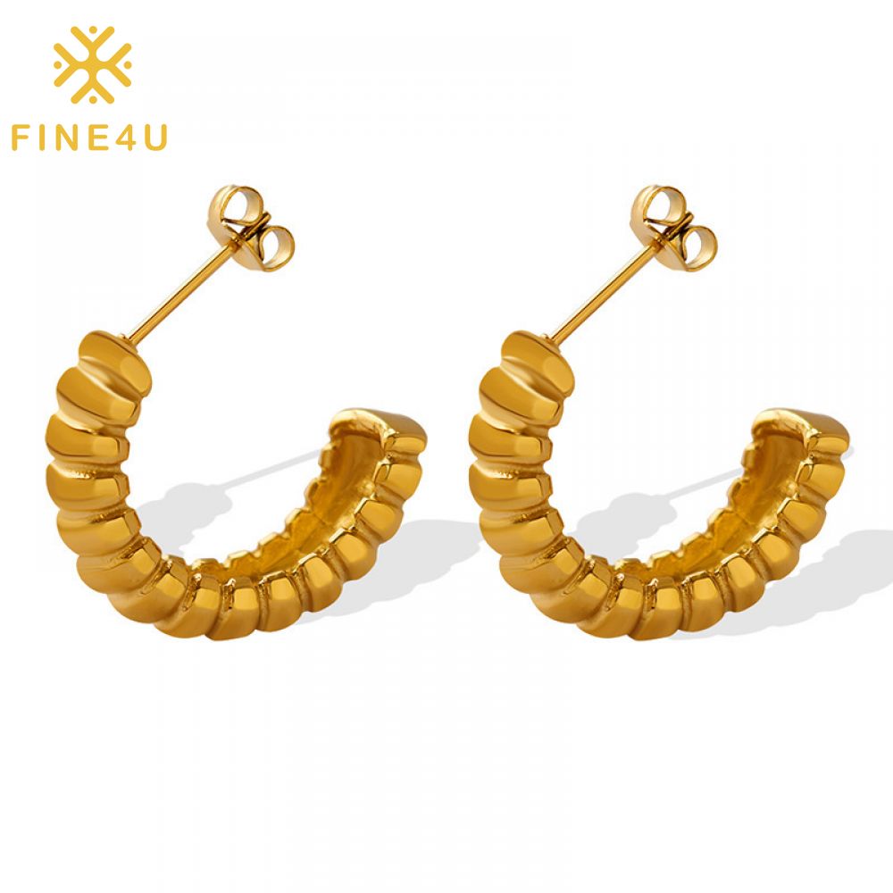 Right Grand Fashion Jewelry Non Tarnish Women Chunky Forged Threaded Stainless Steel 18K Gold Plated Hoop Earrings