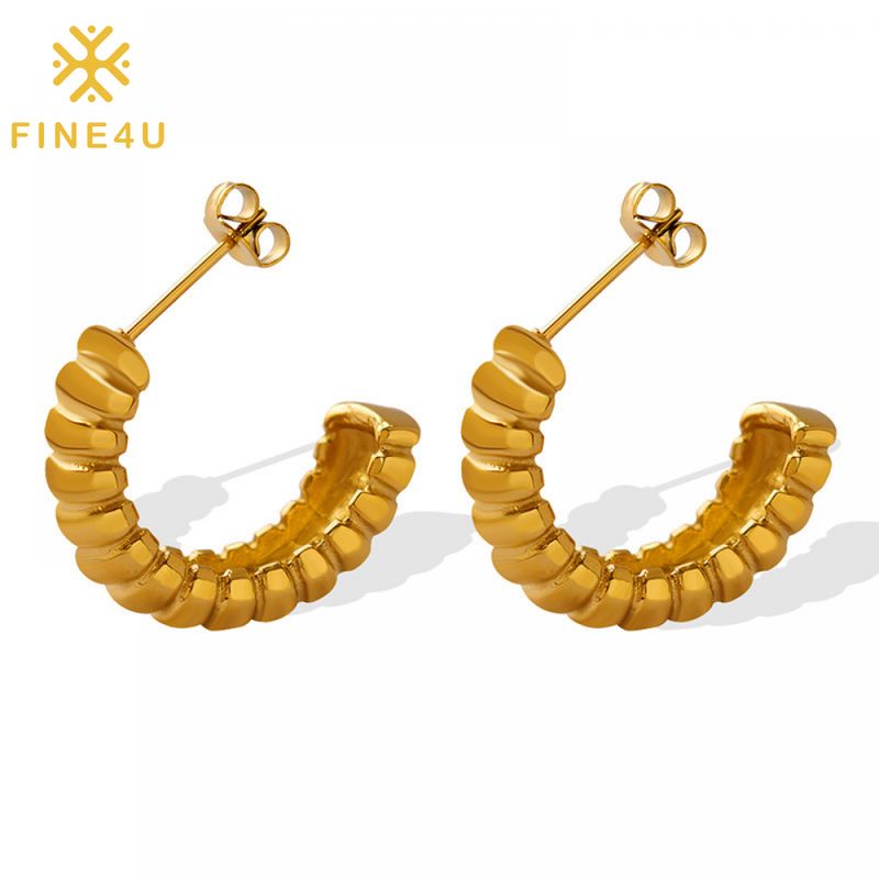 Right Grand Fashion Jewelry Non Tarnish Women Chunky Forged Threaded Stainless Steel 18K Gold Plated Hoop Earrings