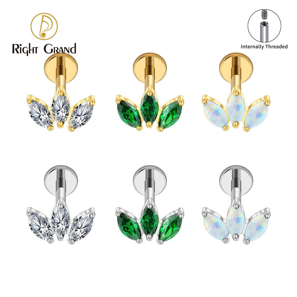 Right Grand ASTM F136 Titanium 16G Internal Thread Triple Marquise CZ Stud Earring 16G Trinity Lotus Opal Cluster Cartilage Helix Tragus Piercing