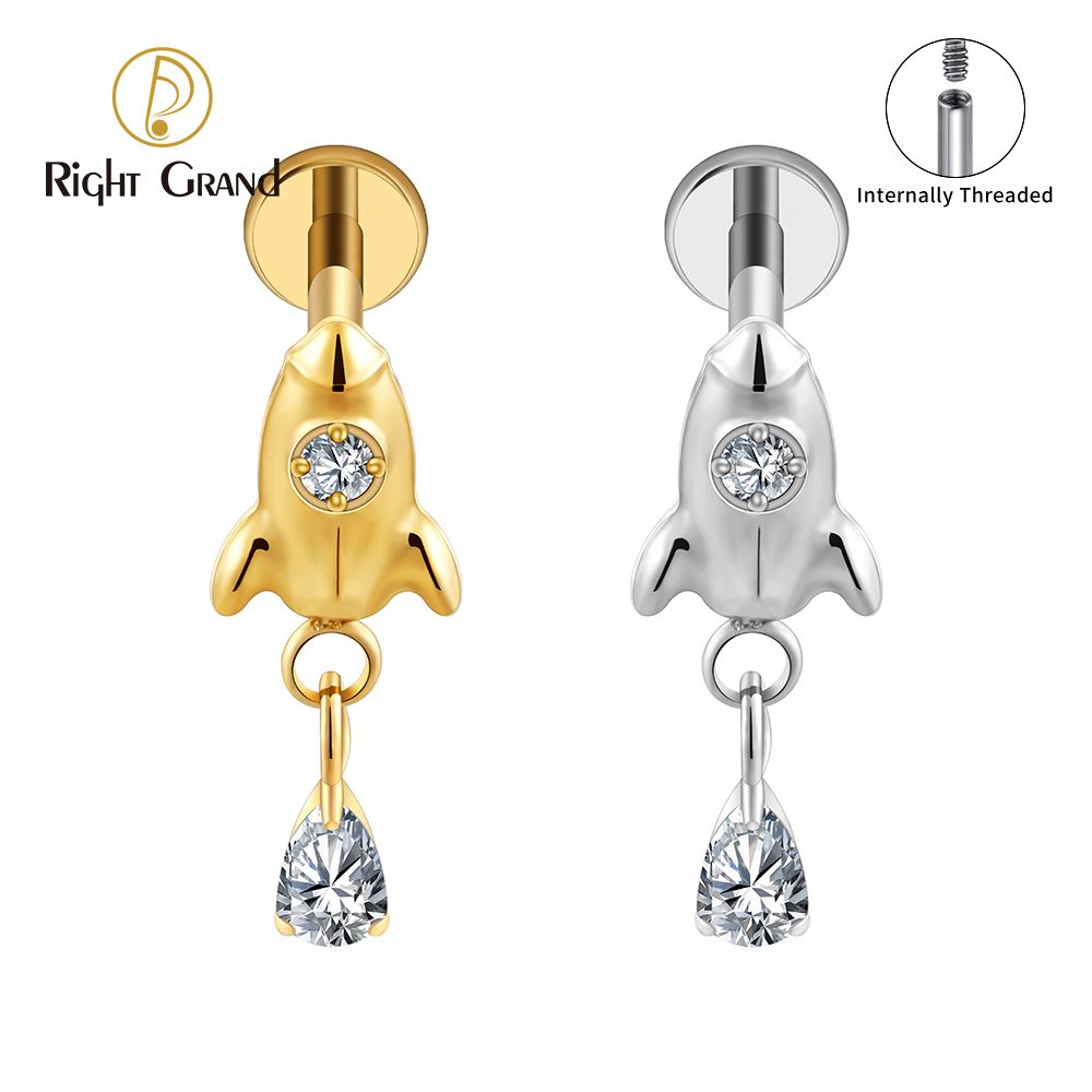 Right Grand ASTM F136 Titanium Internal Thread Rocket Dangle Waterdrop Cubic Zirconia Flat Back Stud Earring 16G Helix Tragus Cartilage Lip Piercing