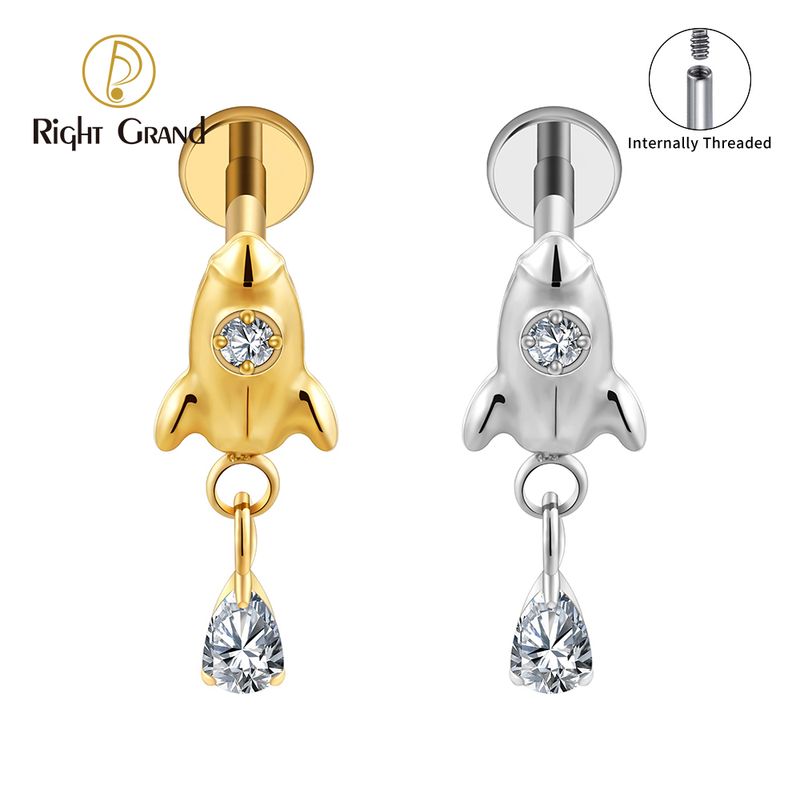 Right Grand ASTM F136 Titanium Internal Thread Rocket Dangle Waterdrop Cubic Zirconia Flat Back Stud Earring 16G Helix Tragus Cartilage Lip Piercing