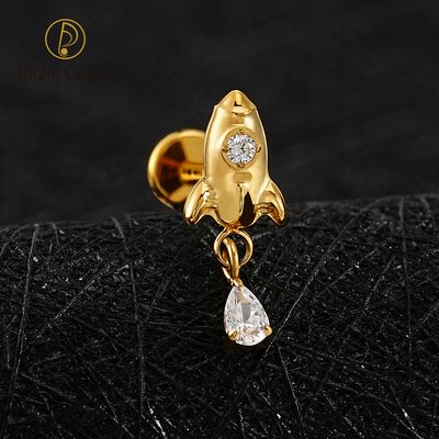 Right Grand ASTM F136 Titanium Internal Thread Rocket Dangle Waterdrop Cubic Zirconia Flat Back Stud Earring 16G Helix Tragus Cartilage Lip Piercing