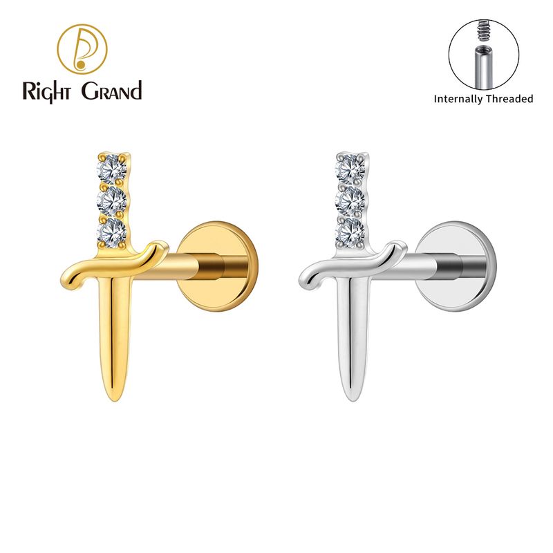 Right Grand ASTM F136 Titanium Internal Thread Cubic Zirconia Sword Flat Back Stud Earring 16G Tiny Poniard Helix Tragus Cartilage Lip Piercing