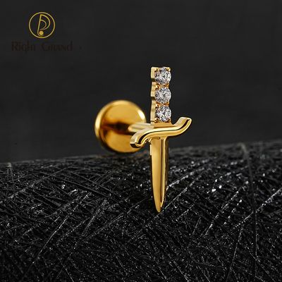 Right Grand ASTM F136 Titanium Internal Thread Cubic Zirconia Sword Flat Back Stud Earring 16G Tiny Poniard Helix Tragus Cartilage Lip Piercing