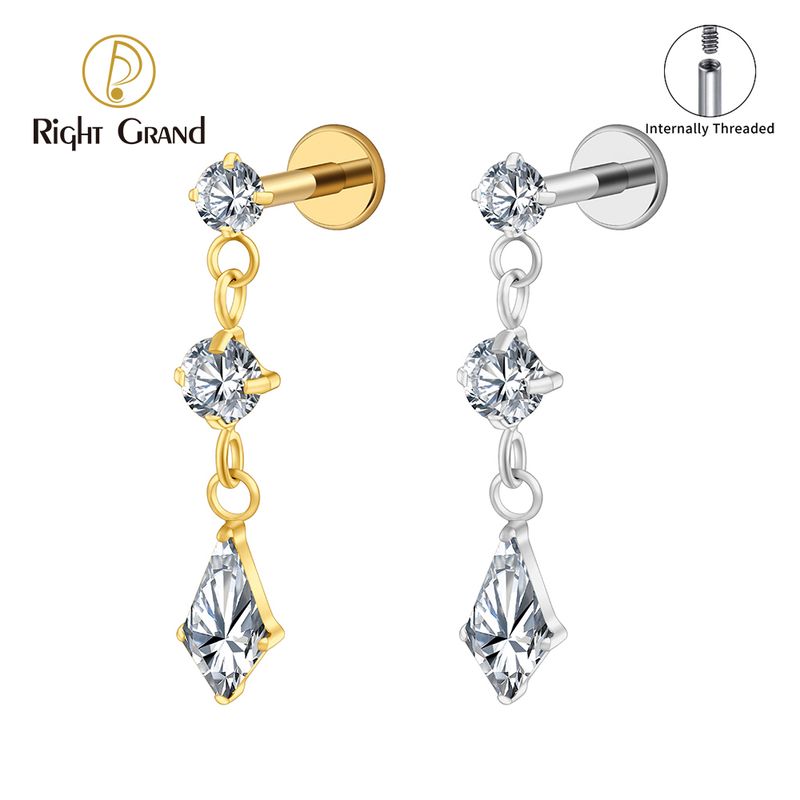 Right Grand ASTM F136 Titanium Internal Thread Dangling CZ Drop Piercing 16G Dangle Chain Kite Shape Cartilage Helix Stud Flat Back Earring