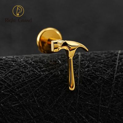 Right Grand ASTM F136 Titanium Internal Thread Nail Hammer Flat Back Stud Earring 16G Helix Tragus Cartilage Lip Piercing