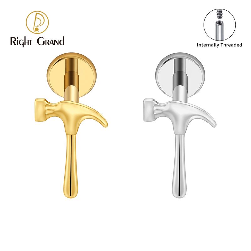 Right Grand ASTM F136 Titanium Internal Thread Nail Hammer Flat Back Stud Earring 16G Helix Tragus Cartilage Lip Piercing