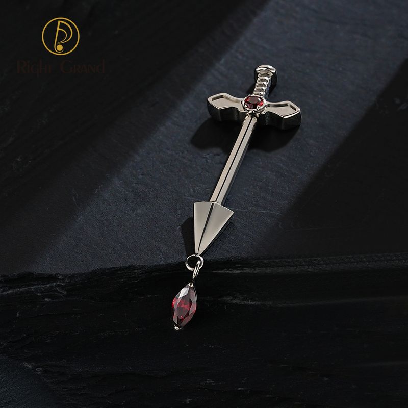 Right Grand ASTM F136 Titanium Sword Dangle CZ Nipple Ring 14G Poniard Straight Barbell Piercing with Marquise Dangling
