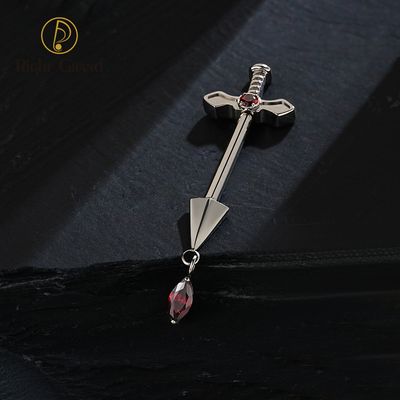 Right Grand ASTM F136 Titanium Sword Dangle CZ Nipple Ring 14G Poniard Straight Barbell Piercing with Marquise Dangling