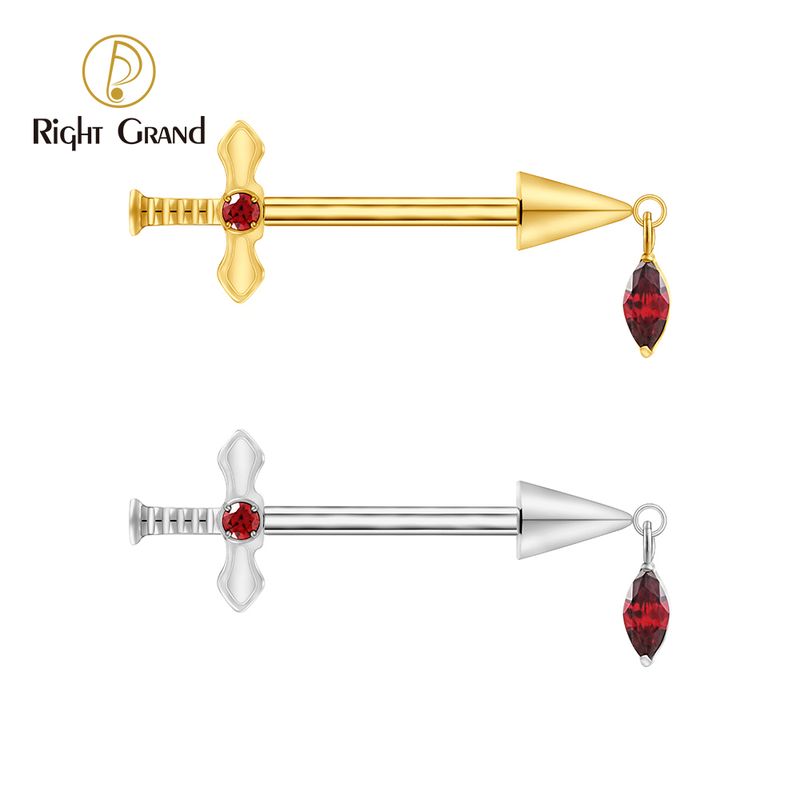 Right Grand ASTM F136 Titanium Sword Dangle CZ Nipple Ring 14G Poniard Straight Barbell Piercing with Marquise Dangling
