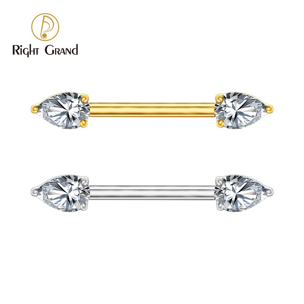 Right Grand ASTM F136 Titanium 14G Teardrop CZ Nipple Ring Threadless Push Pin Straight Nipple Barbell Piercing Jewelry