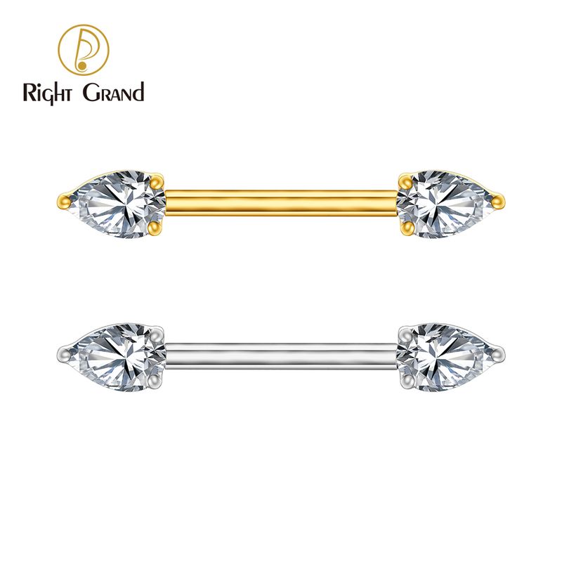 Right Grand ASTM F136 Titanium 14G Teardrop CZ Nipple Ring Threadless Push Pin Straight Nipple Barbell Piercing Jewelry