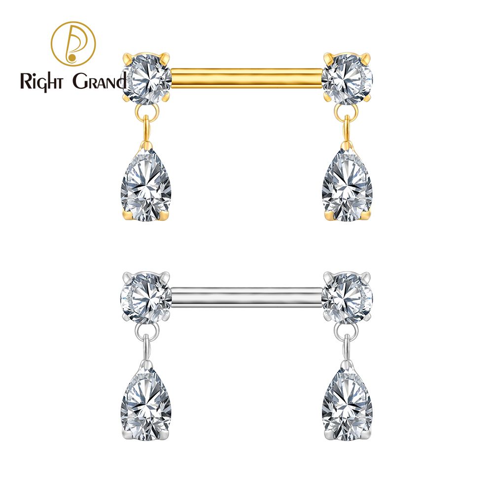 Right Grand ASTM F136 Titanium Teardrop Dangle CZ Nipple Ring 14G Threadless Push Pin Nipple Barbell Piercing Body Jewelry