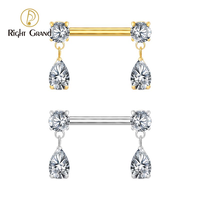 Right Grand ASTM F136 Titanium Teardrop Dangle CZ Nipple Ring 14G Threadless Push Pin Nipple Barbell Piercing Body Jewelry