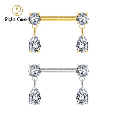 Right Grand ASTM F136 Titanium Teardrop Dangle CZ Nipple Ring 14G Threadless Push Pin Nipple Barbell Piercing Body Jewelry