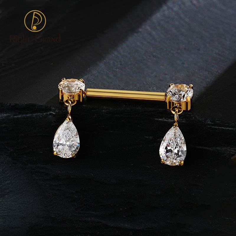 Right Grand ASTM F136 Titanium Teardrop Dangle CZ Nipple Ring 14G Threadless Push Pin Nipple Barbell Piercing Body Jewelry