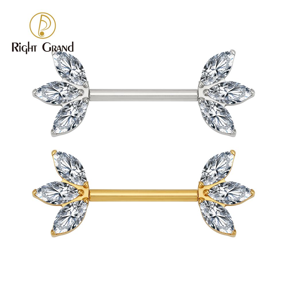 Right Grand ASTM F136 Titanium Triple Marquise CZ Nipple Ring 14G Threadless Straight Barbell Piercing Body Jewelry