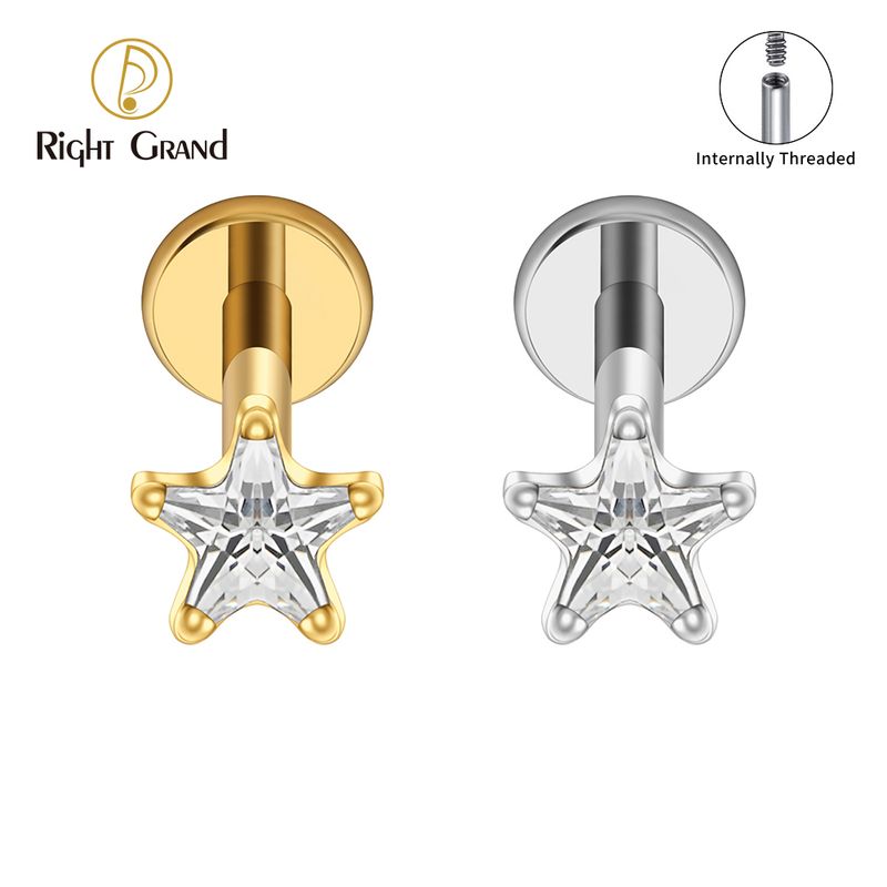 Right Grand ASTM F136 Titanium Internal Thread Star CZ Flat Back Stud Earring 16G Helix Tragus Cartilage Lip Piercing