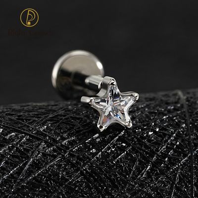 Right Grand ASTM F136 Titanium Internal Thread Star CZ Flat Back Stud Earring 16G Helix Tragus Cartilage Lip Piercing