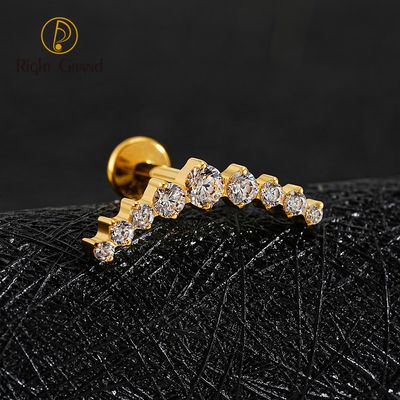 Right Grand ASTM F136 Titanium Internal Thread Arc CZ Cluster Labret Curved Bar Flat Back Stud Earring Helix Cartilage Conch Piercing Jewelry