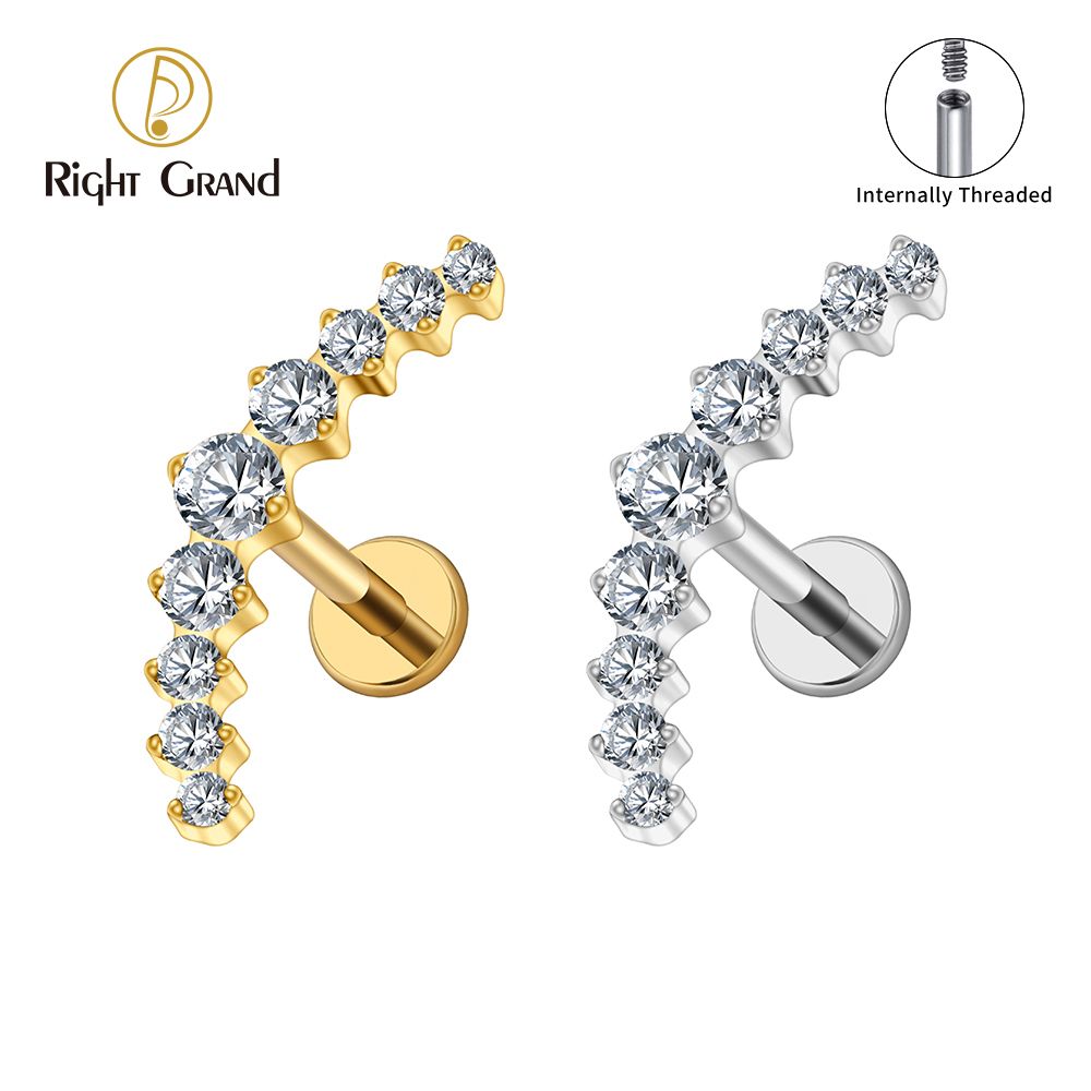 Right Grand ASTM F136 Titanium Internal Thread Arc CZ Cluster Labret Curved Bar Flat Back Stud Earring Helix Cartilage Conch Piercing Jewelry