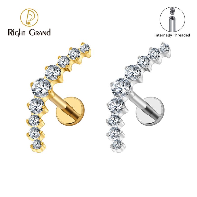 Right Grand ASTM F136 Titanium Internal Thread Arc CZ Cluster Labret Curved Bar Flat Back Stud Earring Helix Cartilage Conch Piercing Jewelry