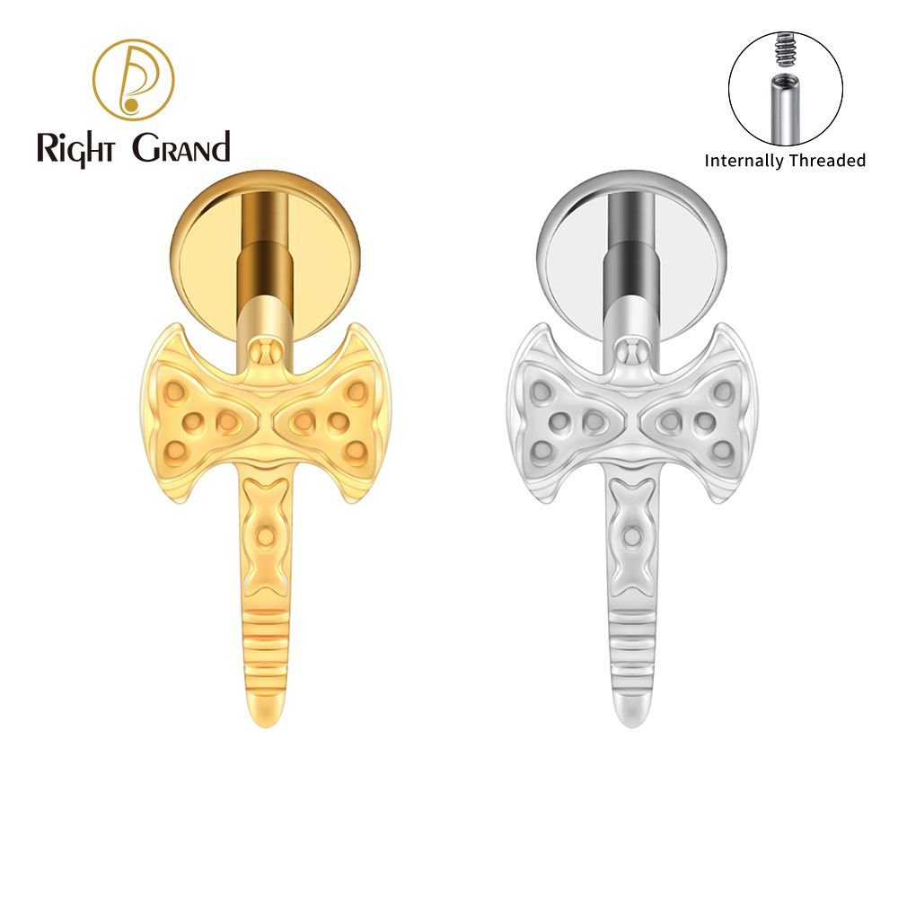 Right Grand ASTM F136 Titanium Internal Thread Gothic Axe Stud Earring 16G Tiny Hatchet Cartilage Helix Tragus Labret Lip Piercing Retro Jewelry