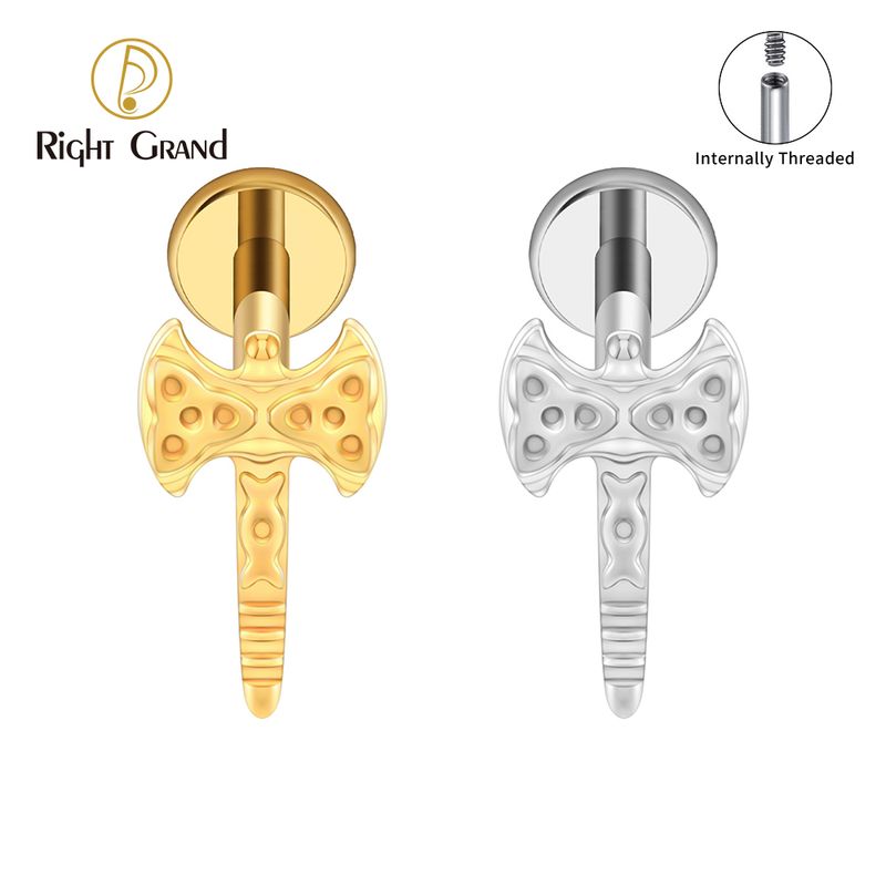 Right Grand ASTM F136 Titanium Internal Thread Gothic Axe Stud Earring 16G Tiny Hatchet Cartilage Helix Tragus Labret Lip Piercing Retro Jewelry