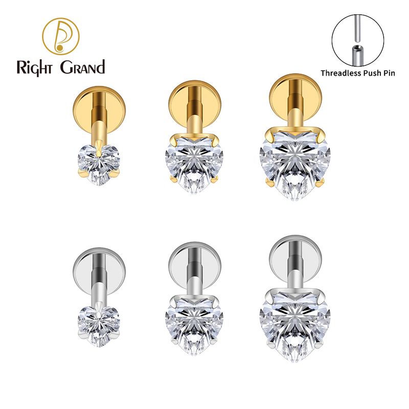Right Grand ASTM F136 Titanium 18G Heart CZ Threadless Push Pin Flat Back Labret Cartilage Tragus Helix Nose Stud Piercing