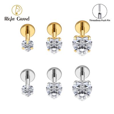 Right Grand ASTM F136 Titanium 18G Heart CZ Threadless Push Pin Flat Back Labret Cartilage Tragus Helix Nose Stud Piercing