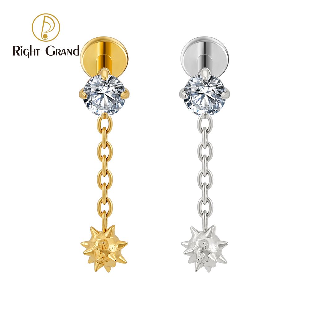 Right Grand ASTM F136 Titanium Internal Thread CZ Dangle Mace Ball Labret Stud 16G Spiked Ball Drop Cartilage Helix Conch Piercing Jewelry