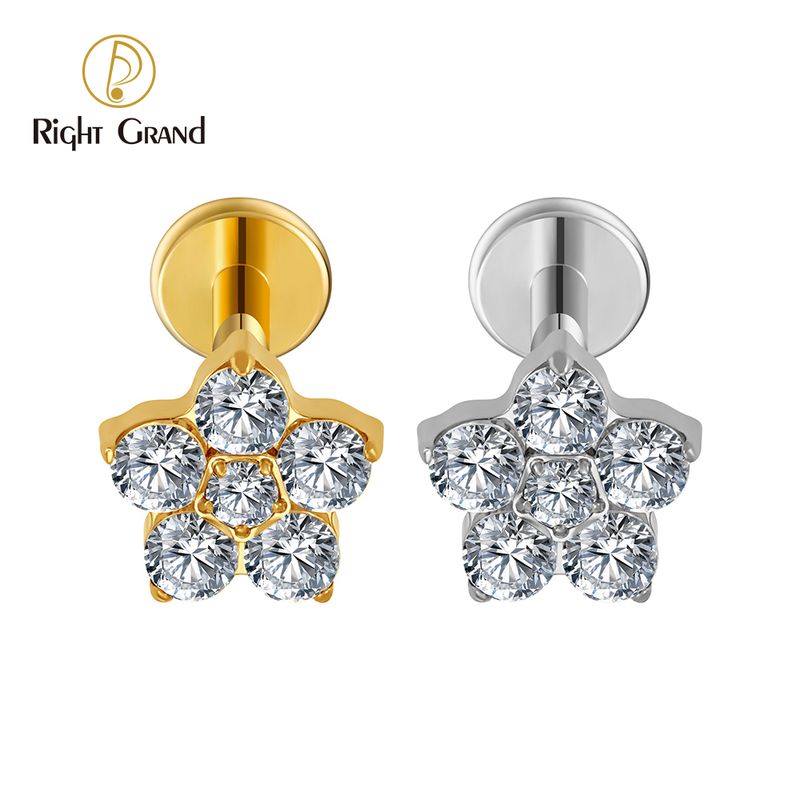 Right Grand ASTM F136 Titanium Internal Thread CZ Flower Lip Labret Monroe Stud 16G Floral Cartilage Helix Earring Flat Back Piercing Jewelry