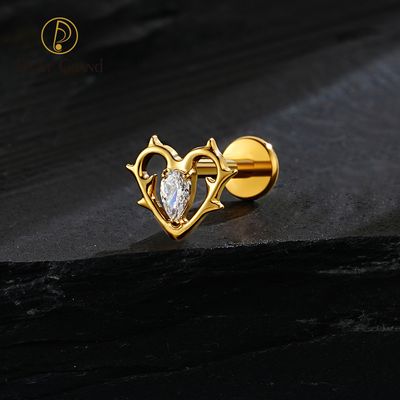 Right Grand ASTM F136 Titanium Internal Thread CZ Heart With Thorns Lip Labret Monroe Stud 16G Floral Cartilage Helix Earring Flat Back Piercing Jewelry