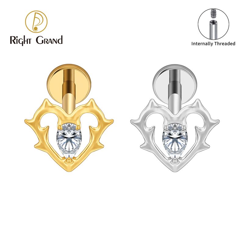 Right Grand ASTM F136 Titanium Internal Thread CZ Heart With Thorns Lip Labret Monroe Stud 16G Floral Cartilage Helix Earring Flat Back Piercing Jewelry