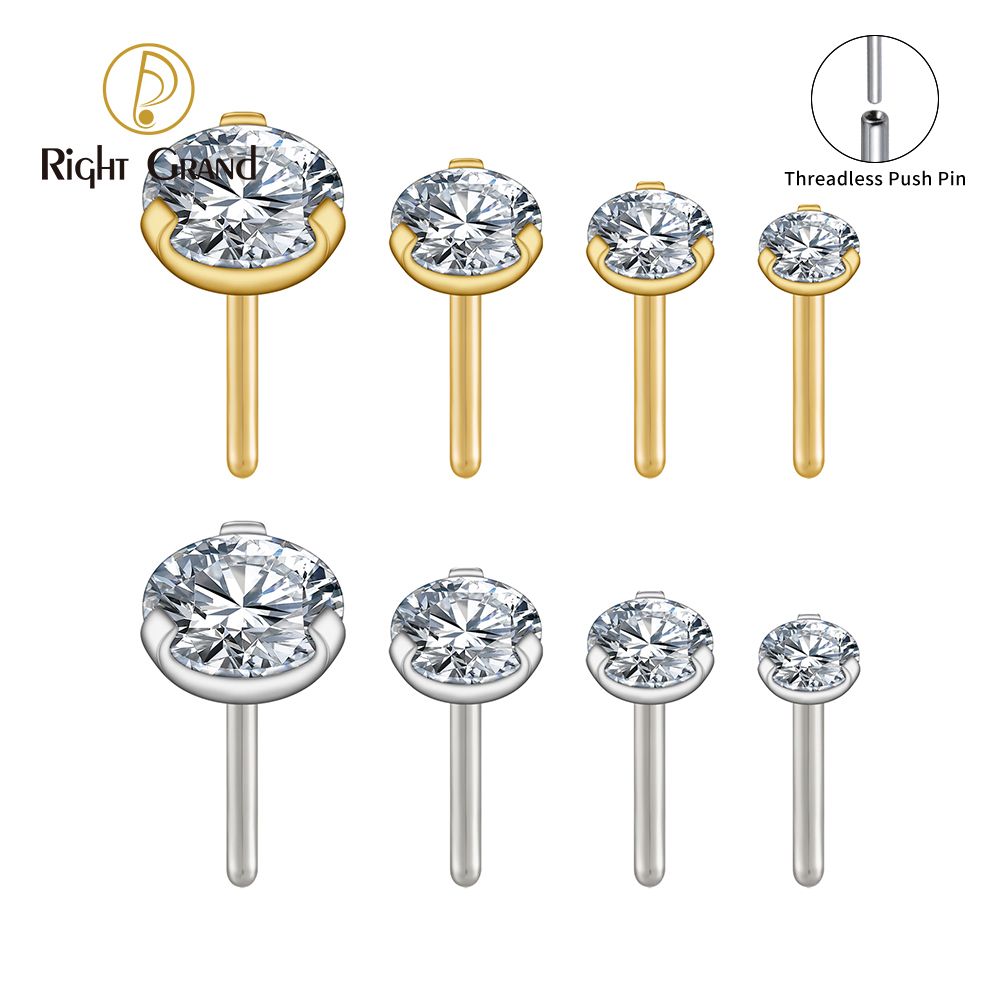 Right Grand ASTM F136 Titanium Prong Setting 18G Threadless Push Pin CZ Top End for Tragus Helix Cartilage Nose Stud Ring Piercing