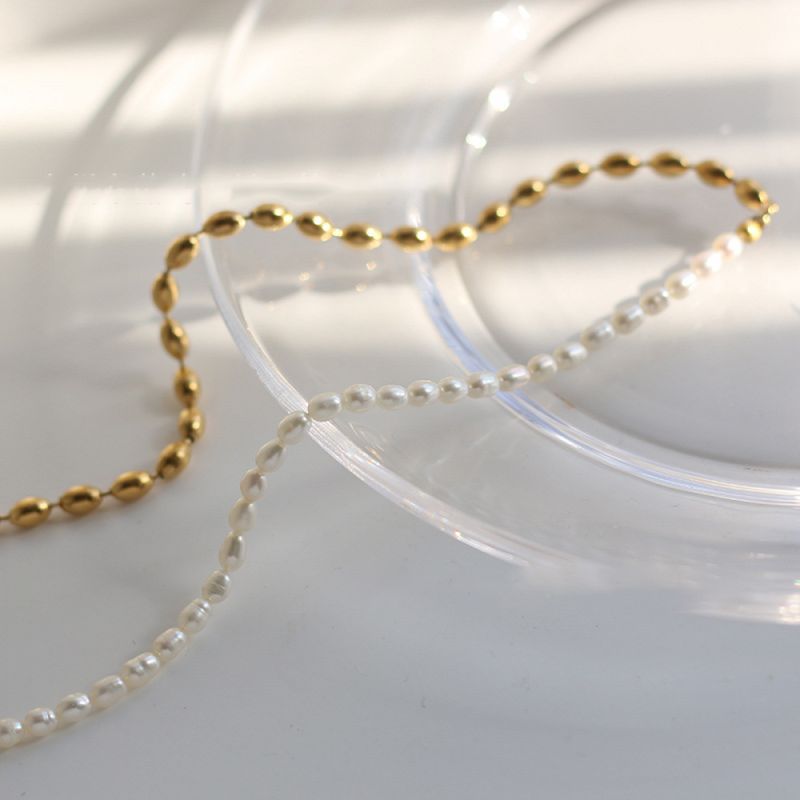 Right Grand Stainless Steel Plated Bead Freshwater Pearl Necklace Short Chain