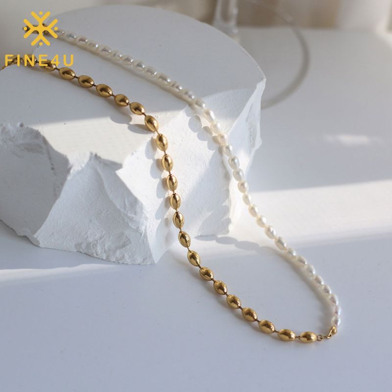 Right Grand Stainless Steel Plated Bead Freshwater Pearl Necklace Short Chain