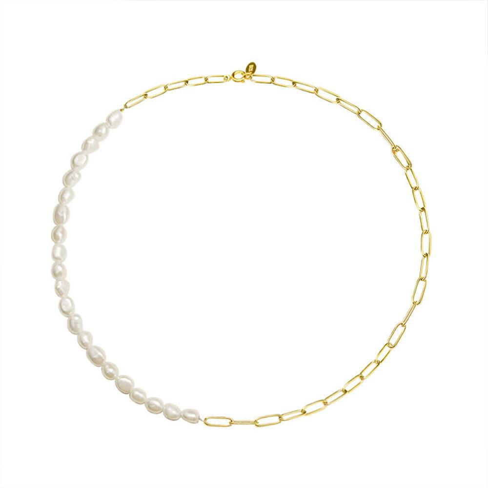 Right Grand Stainless Steel Gold Plated Paperclip Chain Large Big Baroque Pearl Necklace