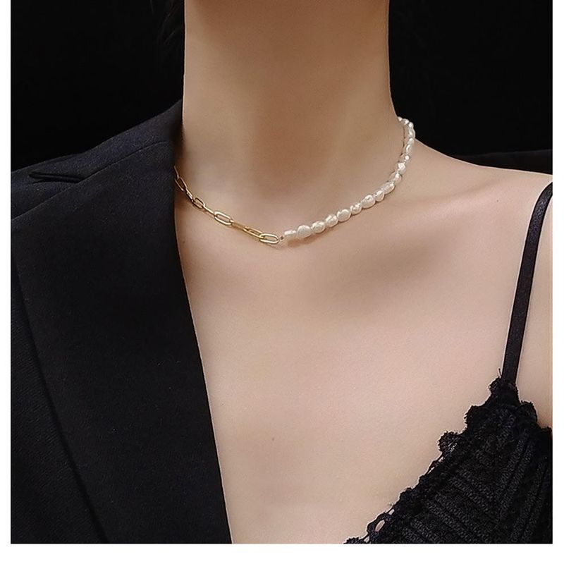 Right Grand Stainless Steel Gold Plated Paperclip Chain Large Big Baroque Pearl Necklace