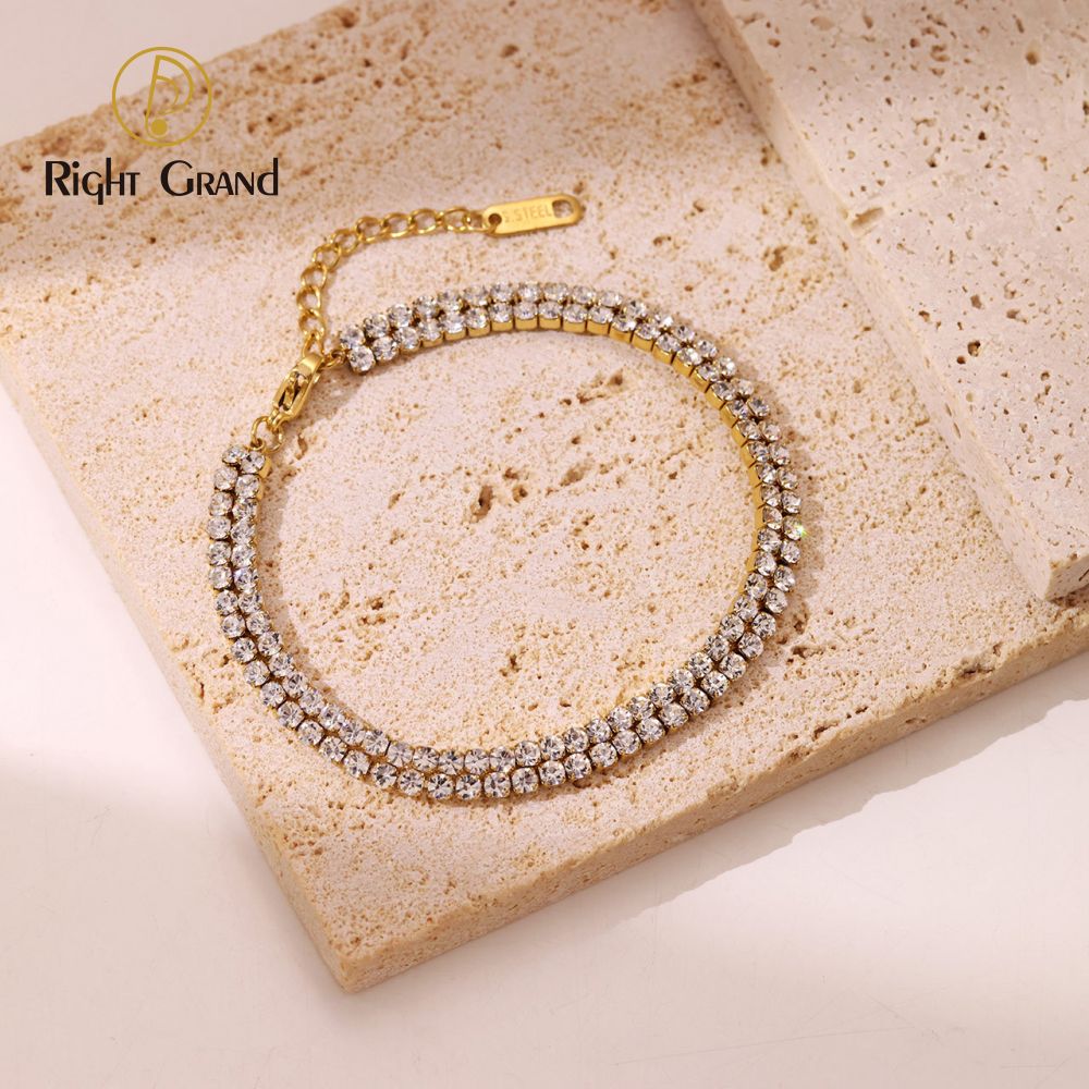Right Grand Fashion Luxury Tarnish Free Women Jewelry PVD Gold Plated Stainless Steel Double Layer Diamond Zircon Stone Tennis Bracelet