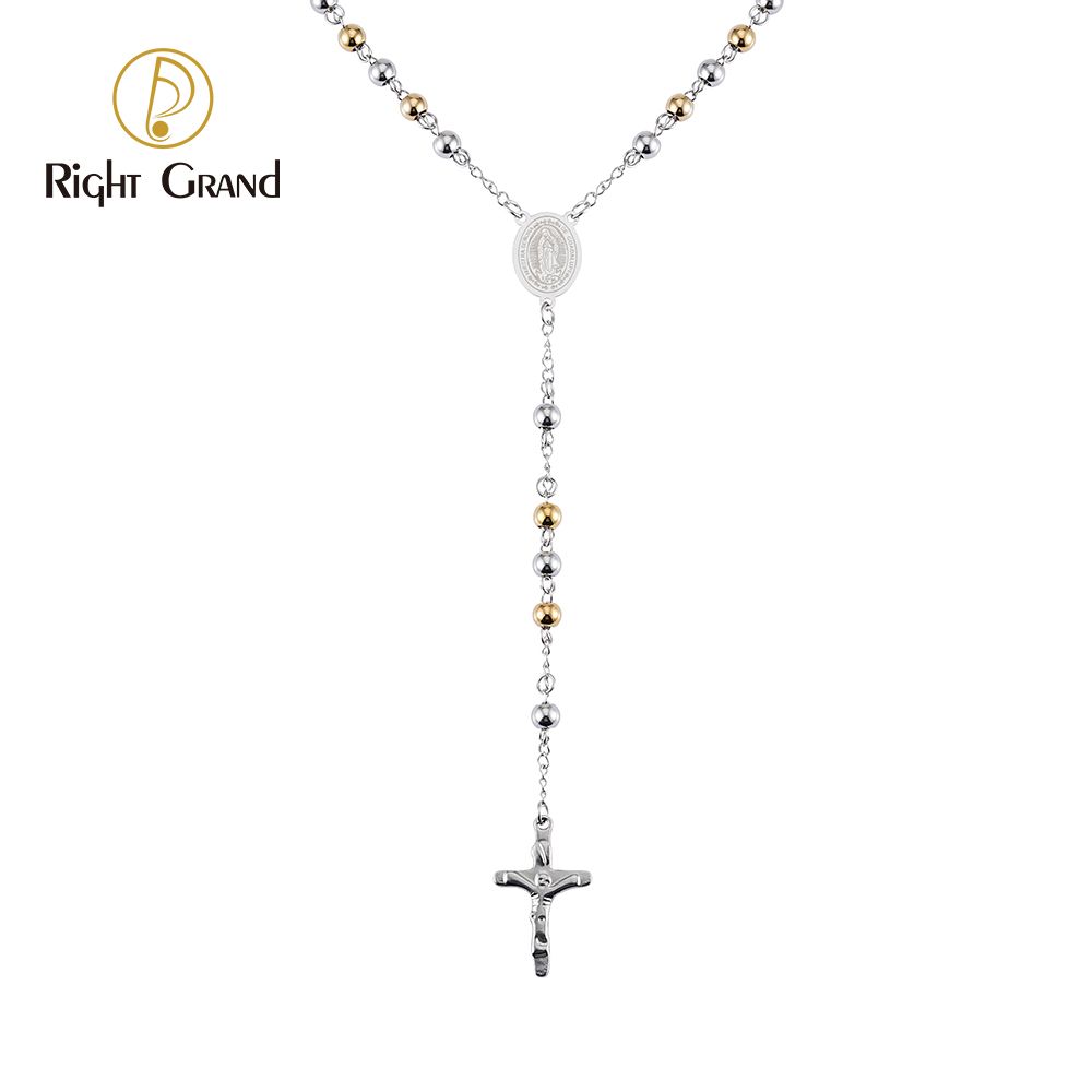 Right Grand Religious Christian Jewelry Stainless Steel Gold Plated Cross Pendant Prayer Beads Chain Rosary Necklace