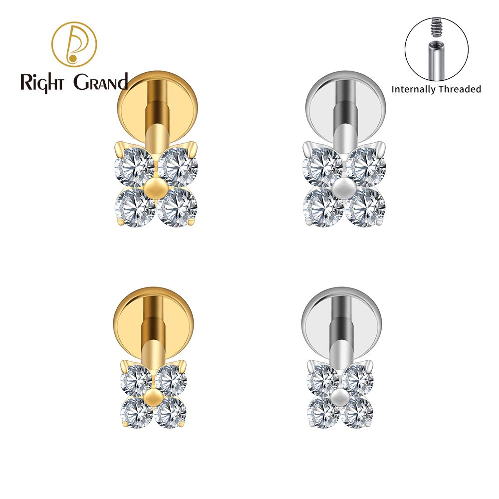 Right Grand ASTM F136 Titanium  Internal Thread Flower CZ Cartilage Earring 16G Four Leaf Helix Tragus Stud Flat Back Labret Piercing Jewelry