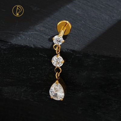 Right Grand ASTM F136 Titanium Internal Thread Teardrop Dangle CZ Stud Earring 16G Flat Back Labret Cartilage Helix Tragus Piercing Jewelry