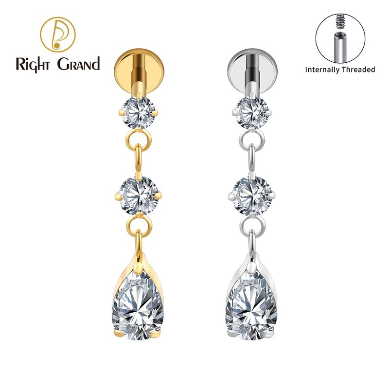Right Grand ASTM F136 Titanium Internal Thread Teardrop Dangle CZ Stud Earring 16G Flat Back Labret Cartilage Helix Tragus Piercing Jewelry