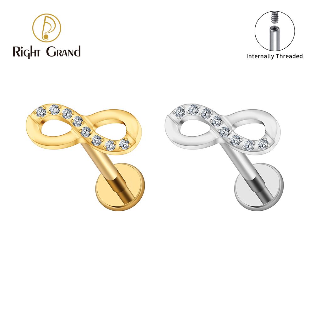 Right Grand ASTM F136 Titanium Internal Thread CZ Infinity Symbol Stud Earring 16G Cartilage Helix Tragus Stud Flat Back Labret Piercing Jewelry